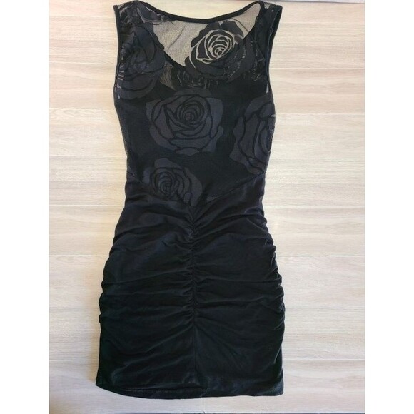 Papaya Black Rose Mesh Dress Sleeveless Ruched Bodycon Floral Sheer Panel - Picture 2 of 8